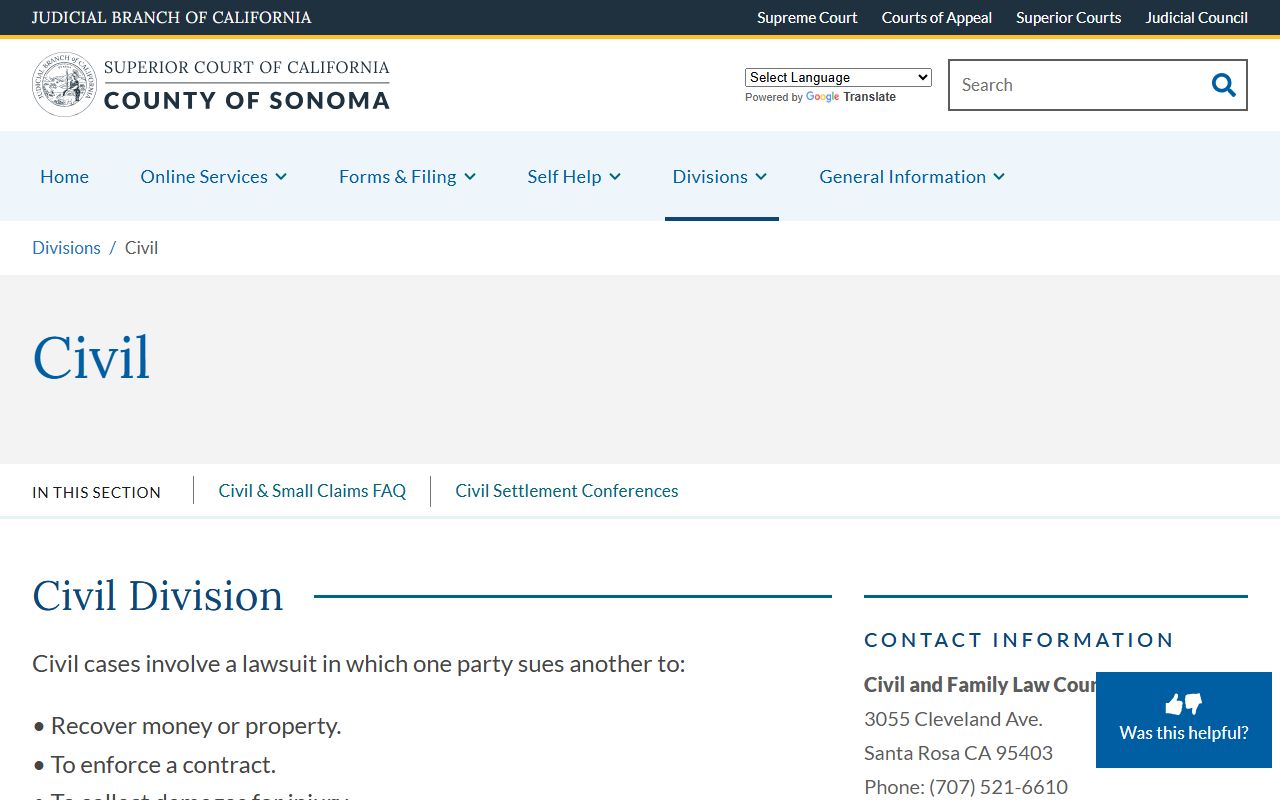 Sonoma County civil division page for civil court records
