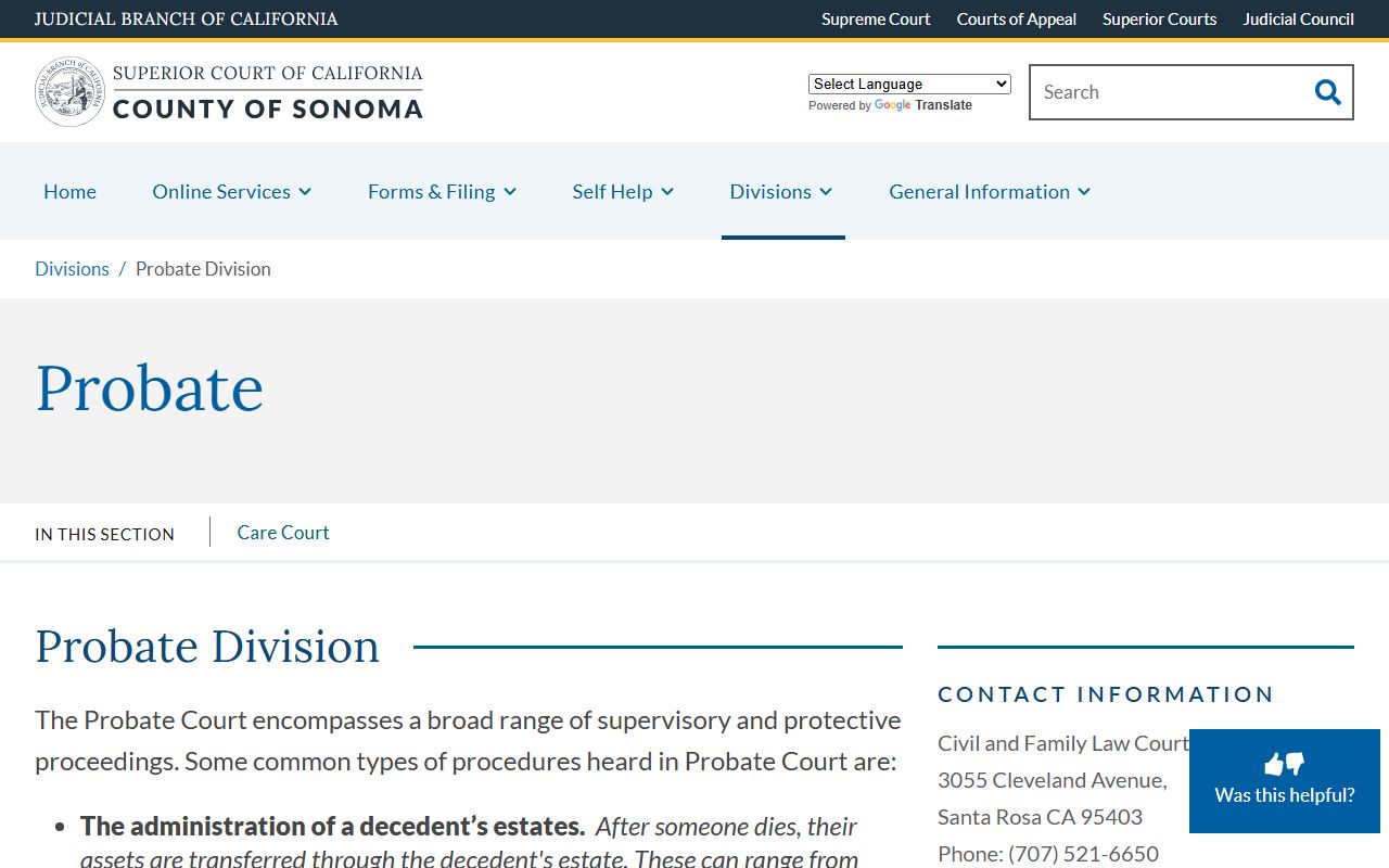 Sonoma County probate division page for probate court records