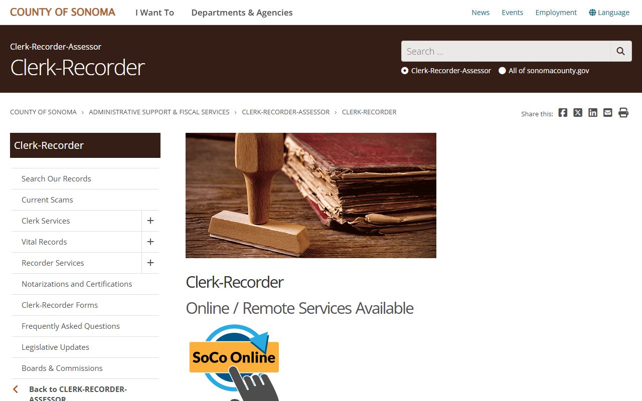 Sonoma County Clerk of the Superior Court records cross-reference to Clerk-Recorder