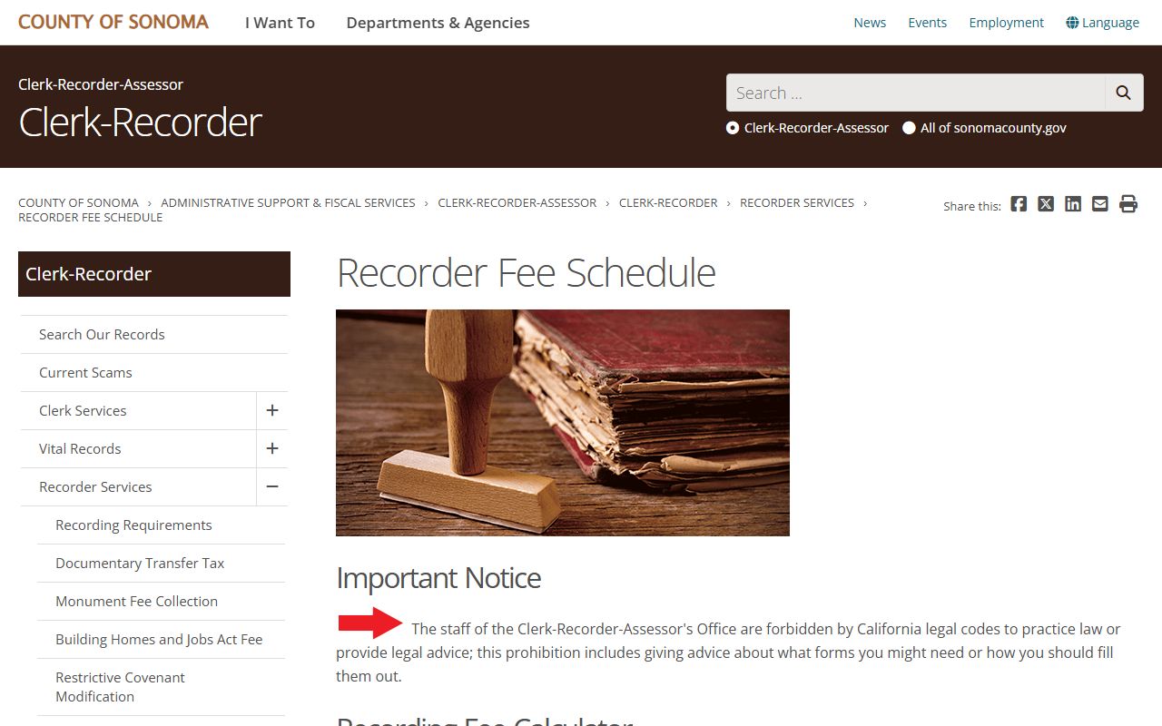Sonoma County public records Recorder fee schedule page