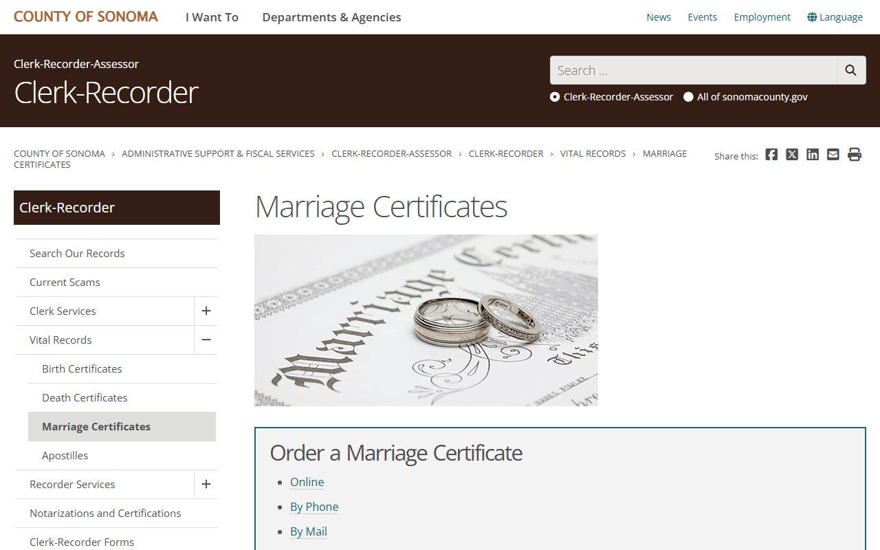 Sonoma County public records marriage certificate ordering page