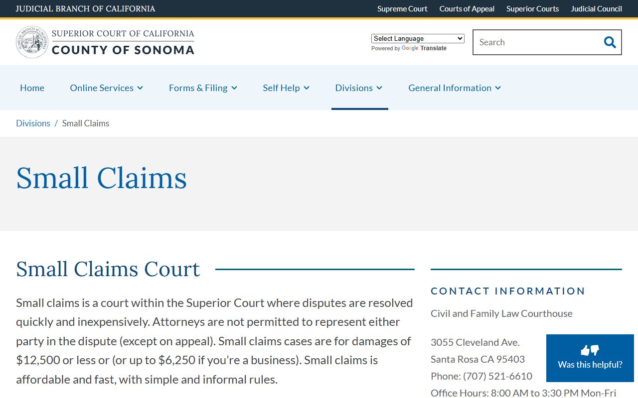 Sonoma County court records small claims division page