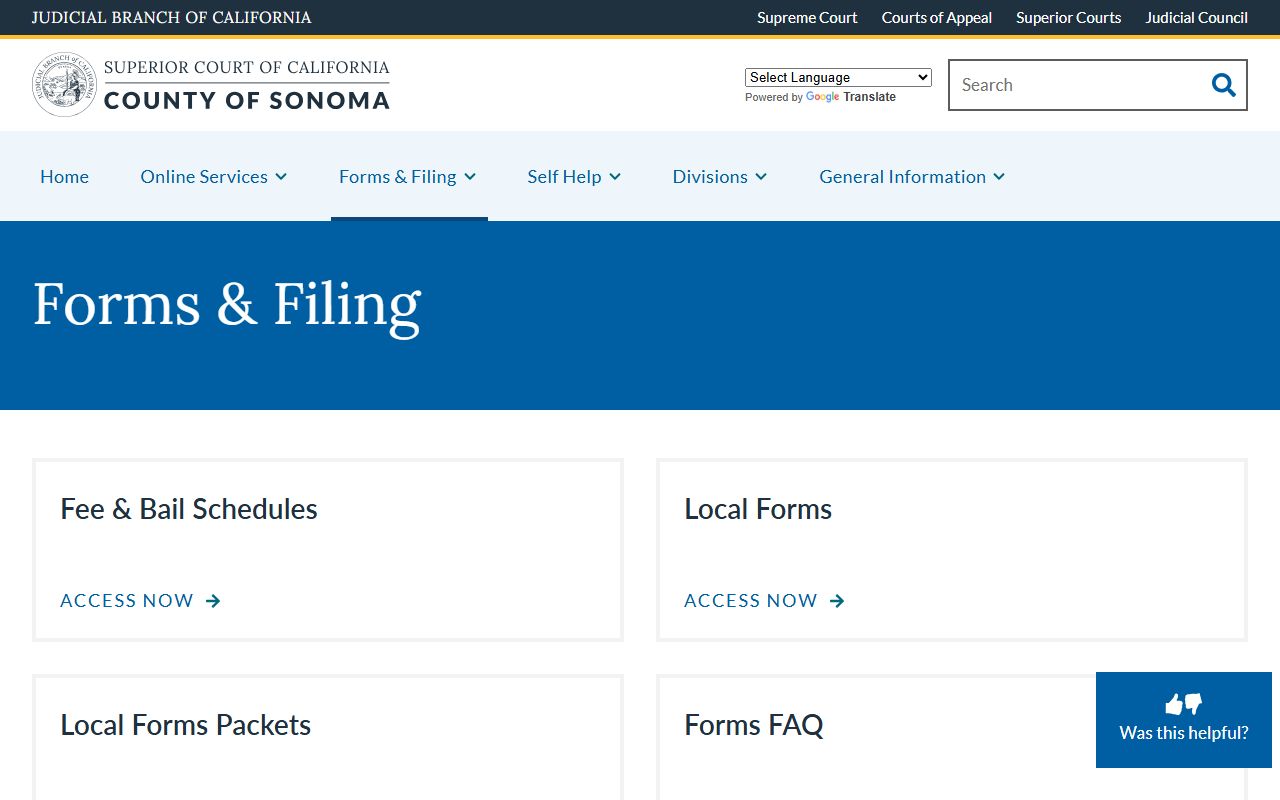 Sonoma County Clerk of the Superior Court forms and filing page