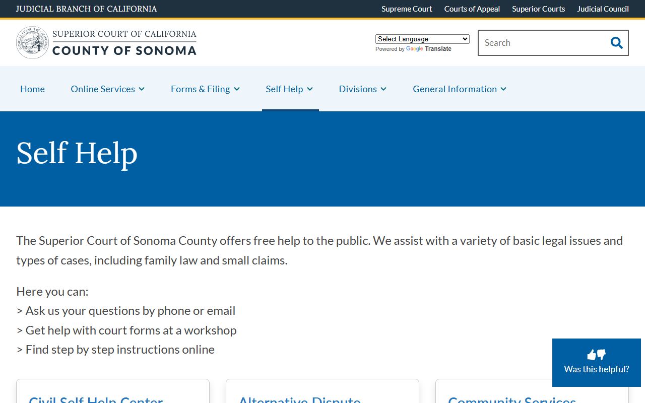 Sonoma County court records self-help center page