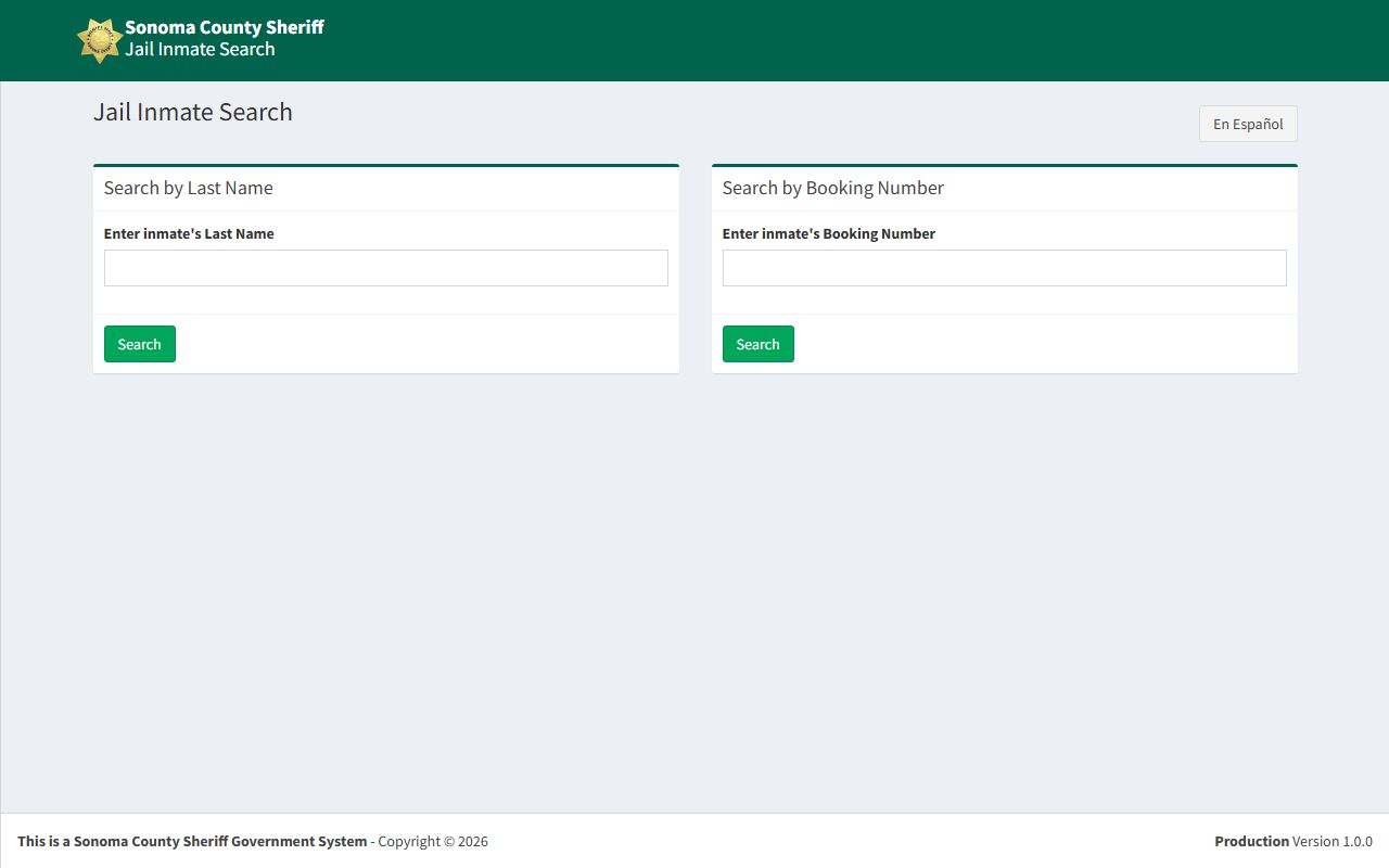 Sonoma County Sheriff Jail Inmate Search form