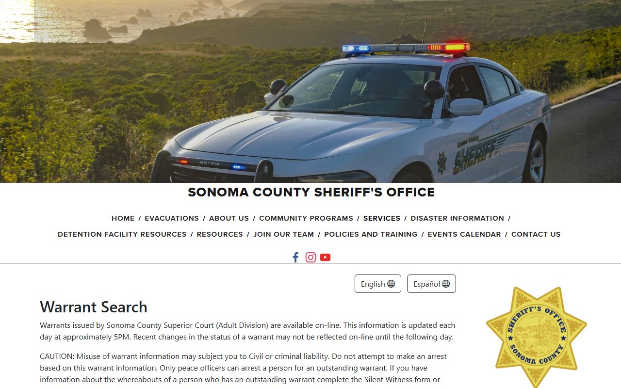 Sonoma County warrant search Sheriff's Office page
