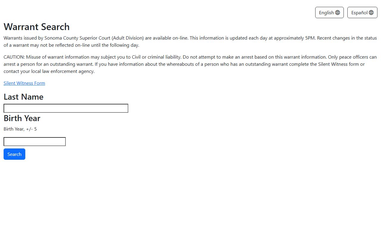 Sonoma County warrant search app interface